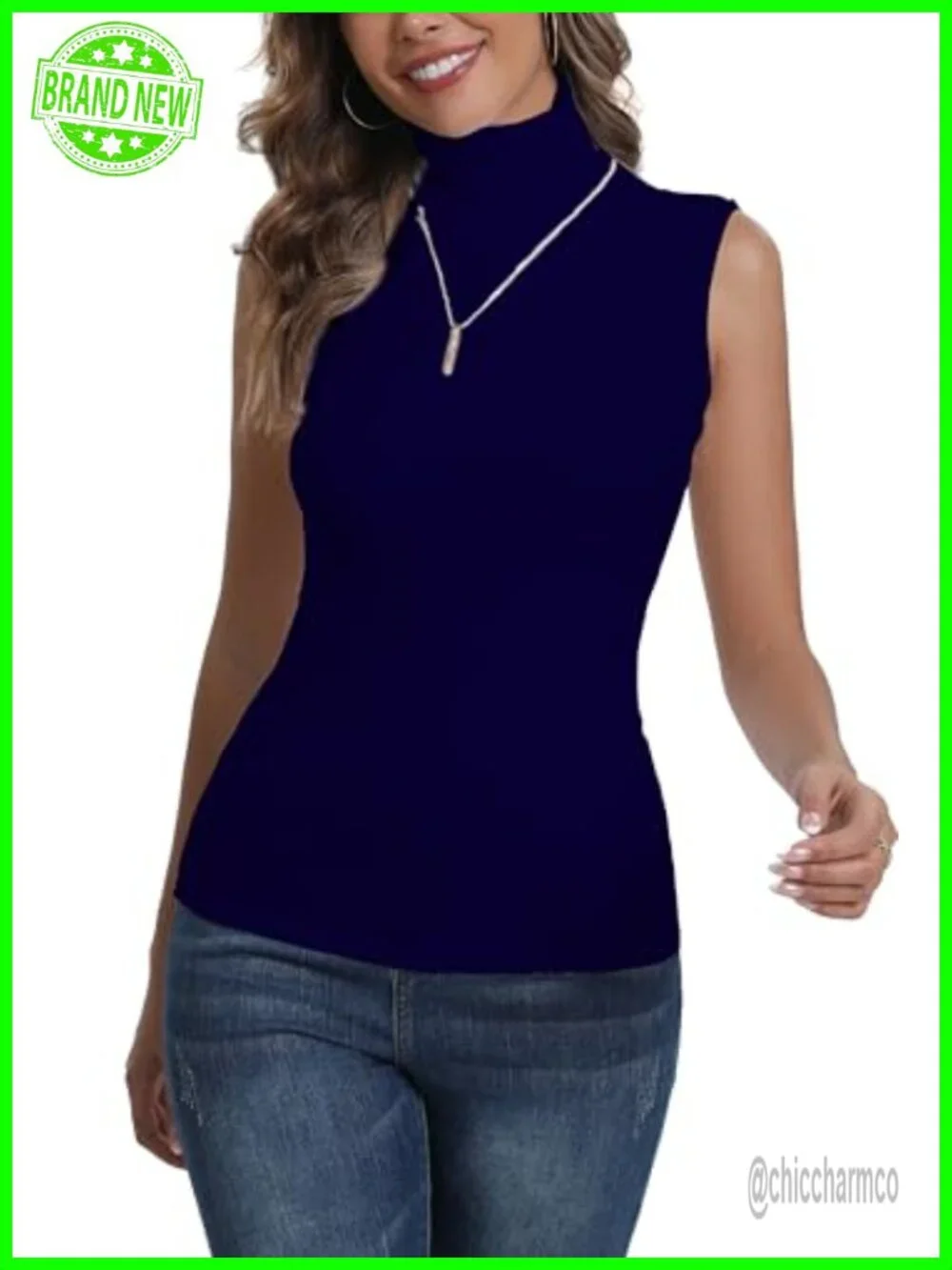 Classic Sleeveless Turtleneck Rib Knit Cotton Sweater Vest